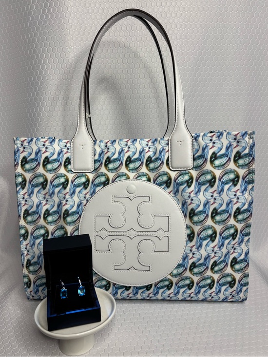 Tory Burch Handbags - Tory Burch Ella White Leather Tote with Blue-Green Swan Pattern and Earrings NWT